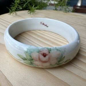 VTG Bangle Bracelet‎ Size 8.75 Pink Blooming Flowers Artisan Signed Porcelain